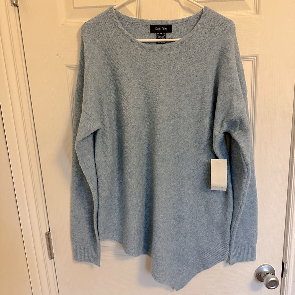 Karen Kane Blue Crew Neck Sweater with Asymmetrical Hem
